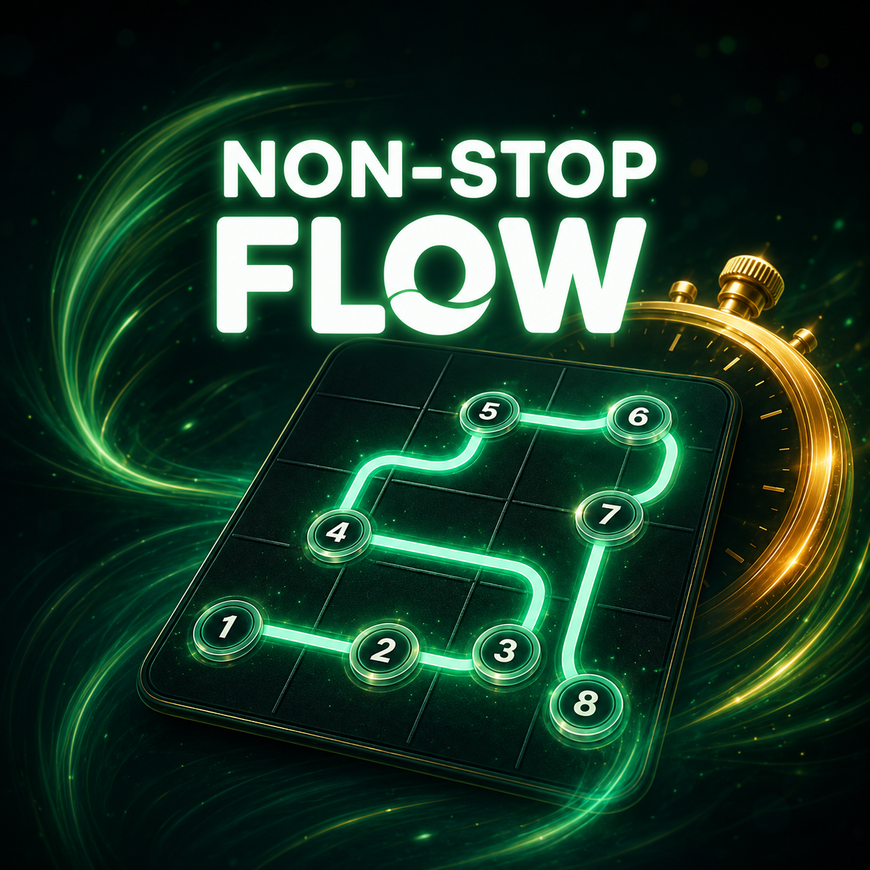 Non-Stop Flow Logo mit Zahlenpfad und Stoppuhr